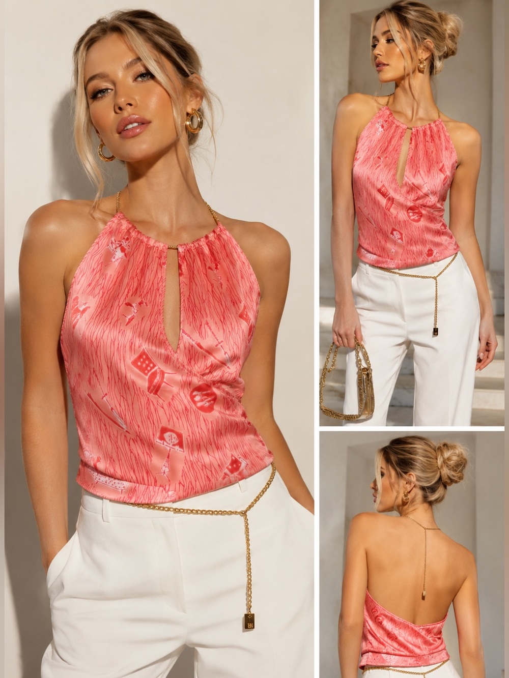 Rare Vintage Fendi Sexy Pink Chain Halter Top FF Charm Made Italy IT 40